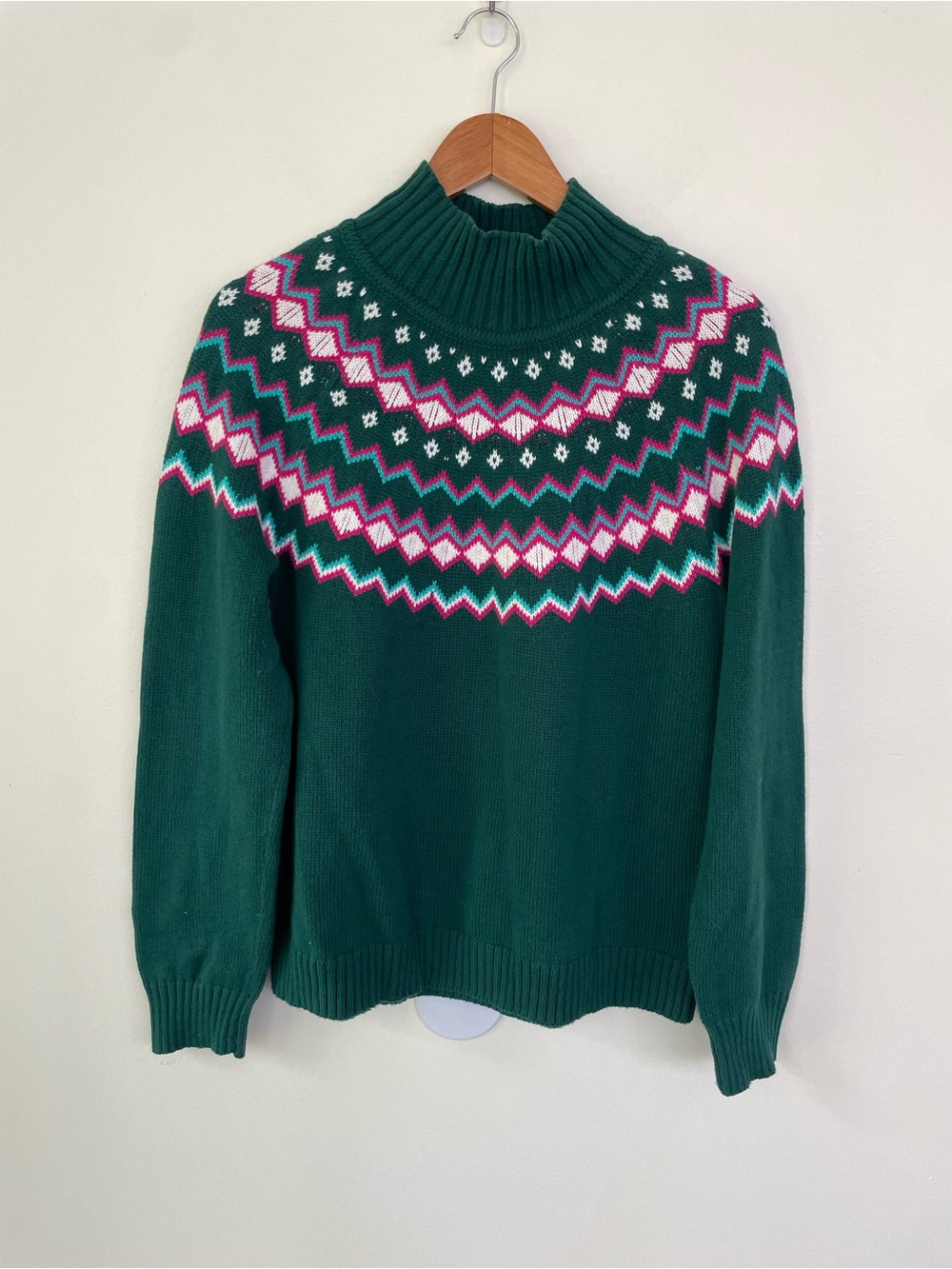 J. Crew Fair Isle Mock Neck Long Sleeve Sweater M Medium Green Pink Cotton - Picture 3 of 9